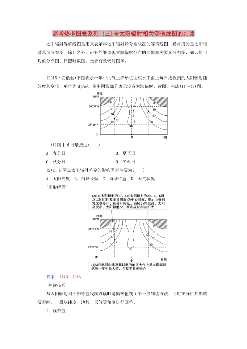 2019高考地理一轮复习 第一部分 第二单元 行星地球 高考热考图表系列（三）与太阳辐射相关等值线图的判读学案.doc_第1页