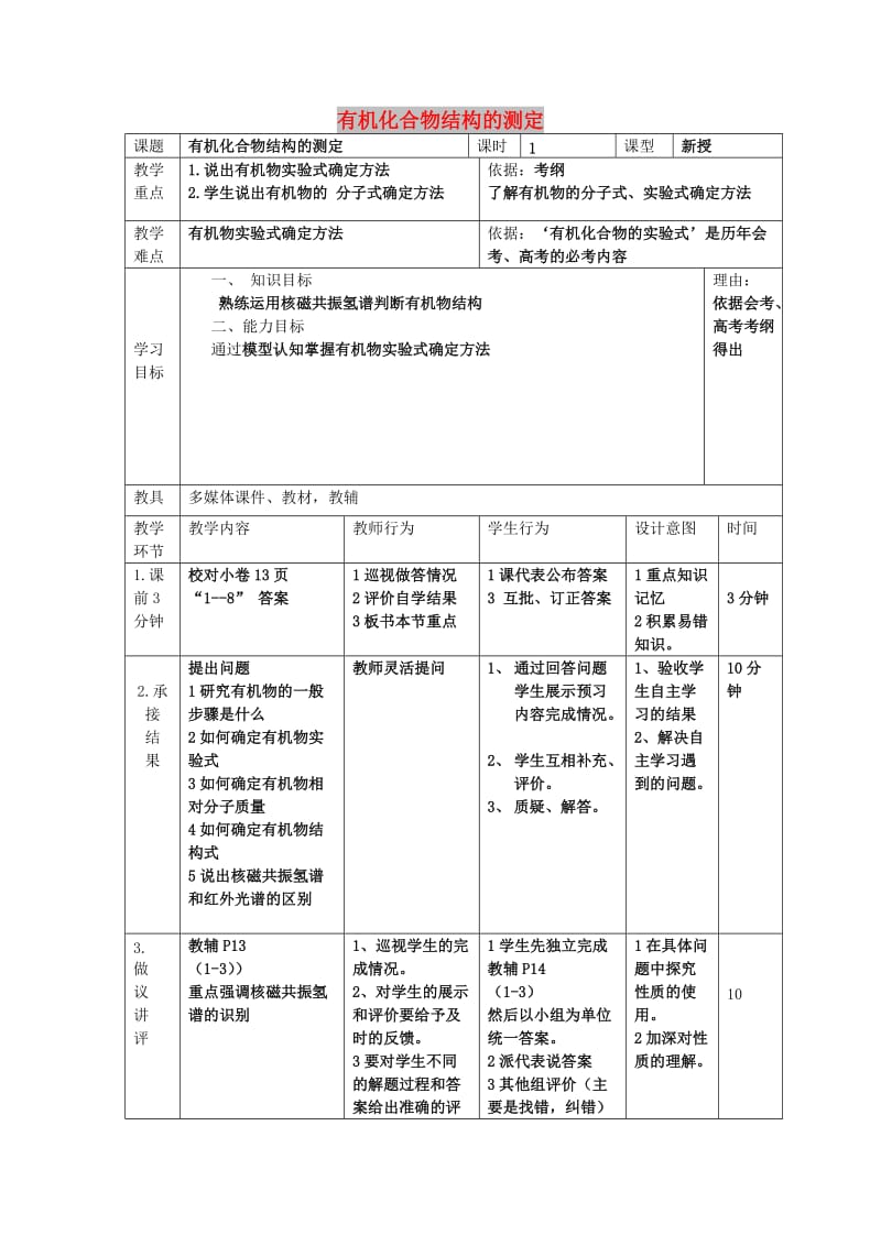 辽宁省大连市高中化学 第一章 认识有机化合物 1.4.3 有机化合物的结构的测定教案 新人教版选修5.doc_第1页