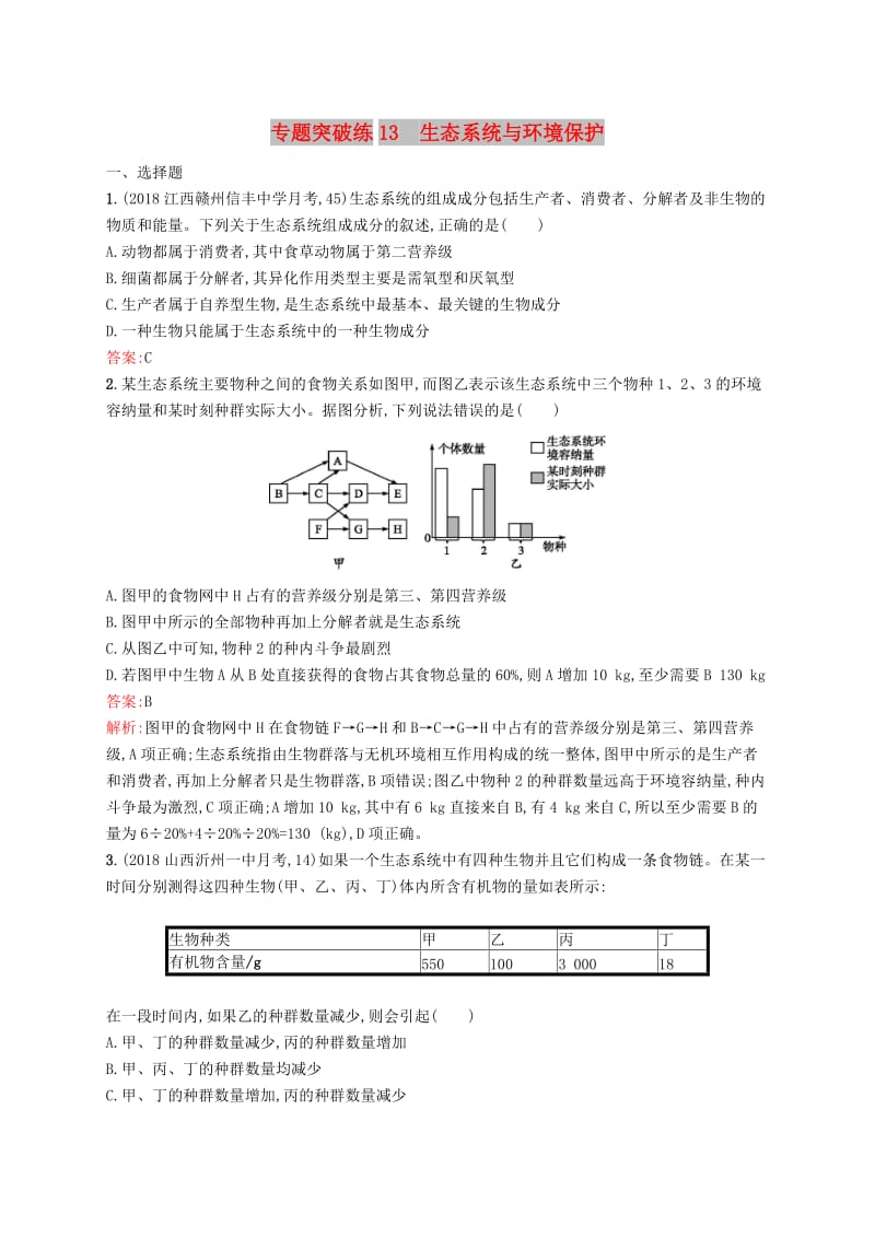 2019版高考生物二轮复习 专题突破练 专题五 生态学 专题突破练13 生态系统与环境保护.doc_第1页