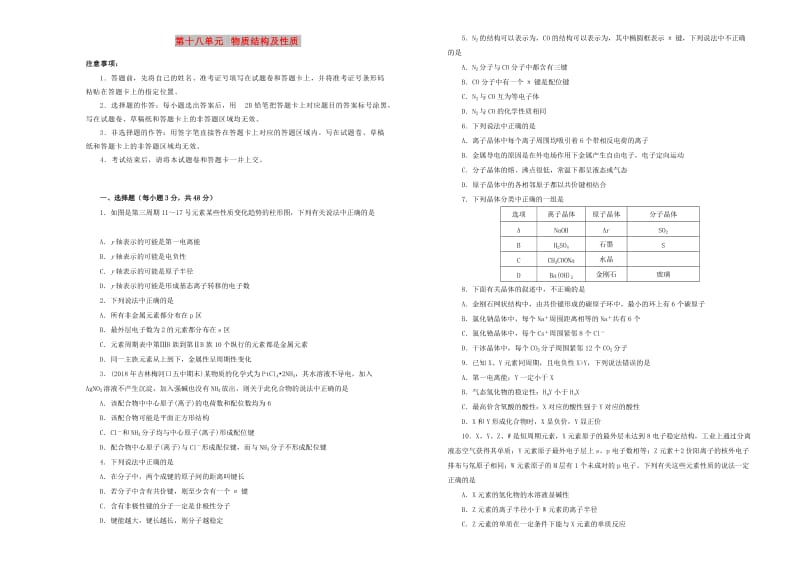 2019年高考化学一轮复习 第十八单元 物质结构及性质单元B卷.doc_第1页