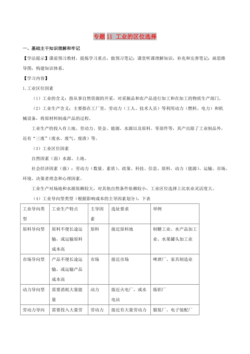 新高考专版2018-2019年高一地理专题11工业的区位选择同步有效作业必修2 .doc_第1页