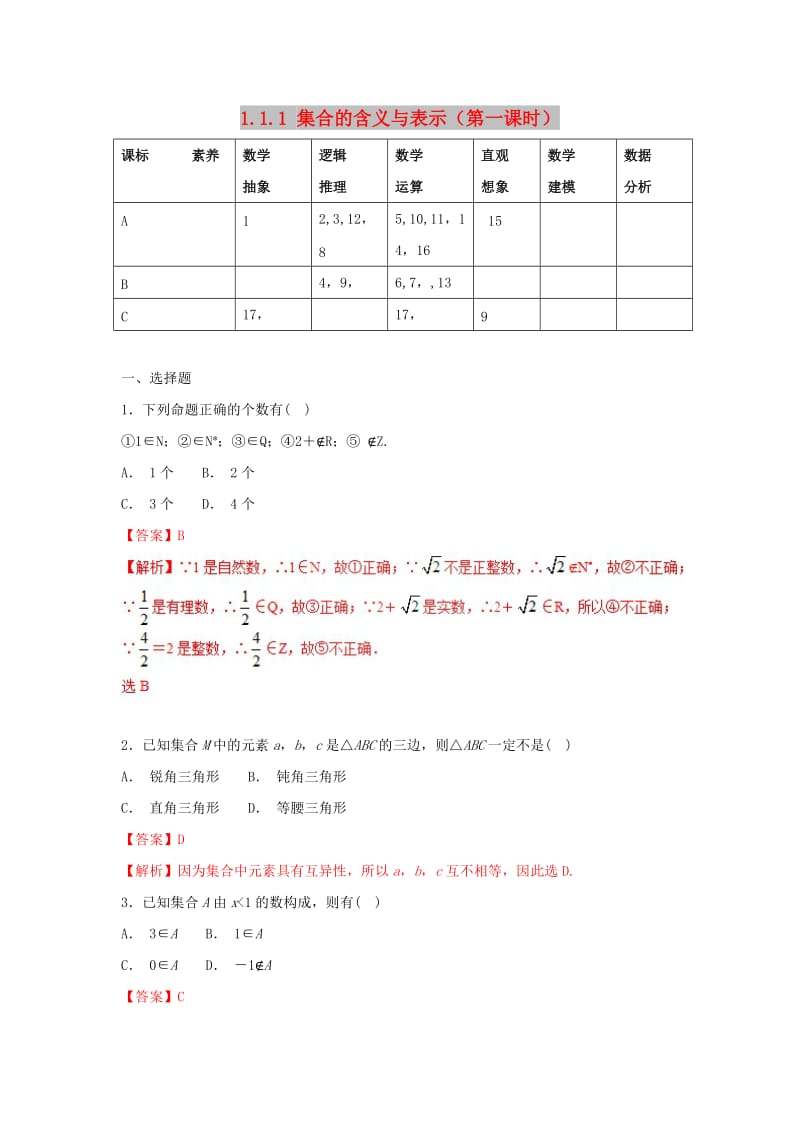 2019高考数学总复习 第一章 集合与函数概念 1.1.1 集合的含义与表示（第一课时）同步练习 新人教A版必修1.doc