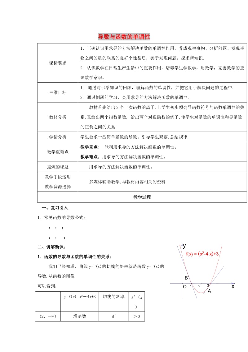 陕西省石泉县高中数学 第三章 导数应用 3.1.1 导数与函数的单调性教案 北师大版选修2-2.doc_第1页