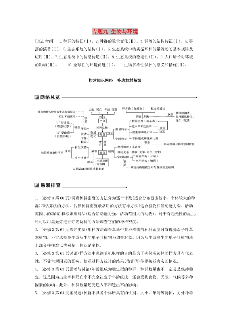 通用版2019版高考生物二轮复习专题九生物与环境构建知识网络补遗教材易漏学案.doc_第1页