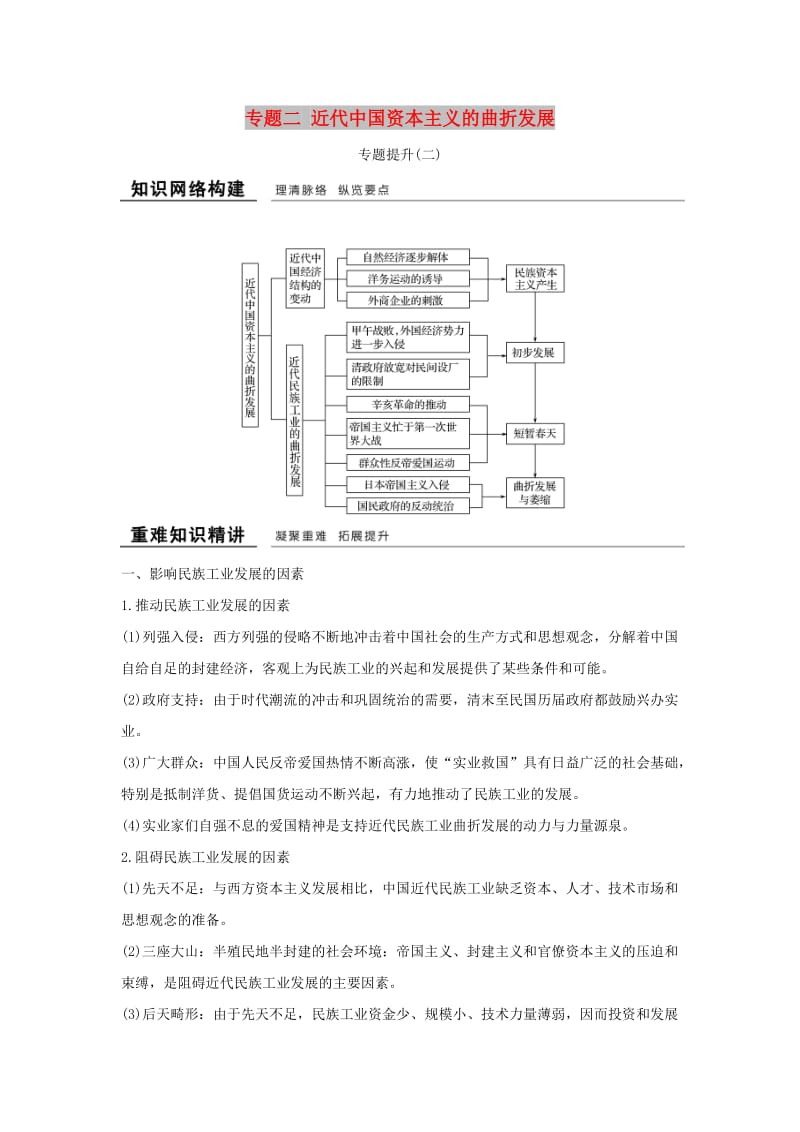 （浙江专用）2018-2019学年高中历史 专题二 近代中国资本主义的曲折发展专题提升学案 人民版必修2.doc_第1页