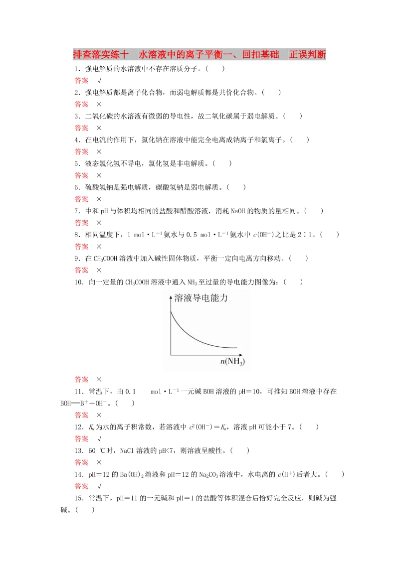 2019高考化学一轮复习 排查落实练10 水溶液中的离子平衡 回扣基础 正误判断练习 新人教版.doc_第1页