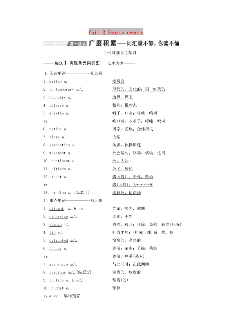 （全国通用）2020高考英语一轮复习 Unit 2 Sports events讲义（含解析）牛津译林版必修4.doc_第1页