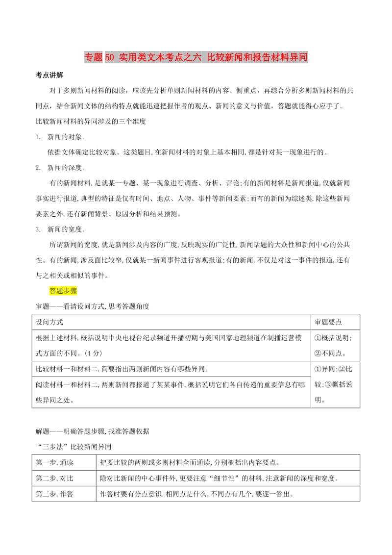 2019年高三语文一轮复习 知识点讲解阅读预热试题 专题50 实用类文本考点之六 比较新闻和报告材料异同（含解析）新人教版.doc_第1页