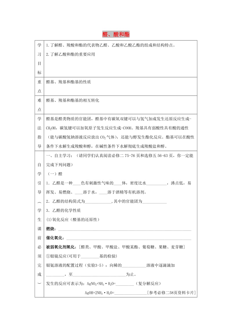 辽宁省抚顺市高中化学 综合复习 醛、酸和酯导学案新人教版选修5.doc_第1页