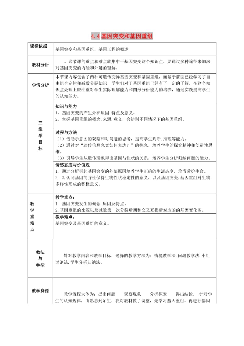 陕西省石泉县高中生物 第四章 遗传的分子基础 4.4 基因突变和基因重组教案 苏教版必修2.doc_第1页