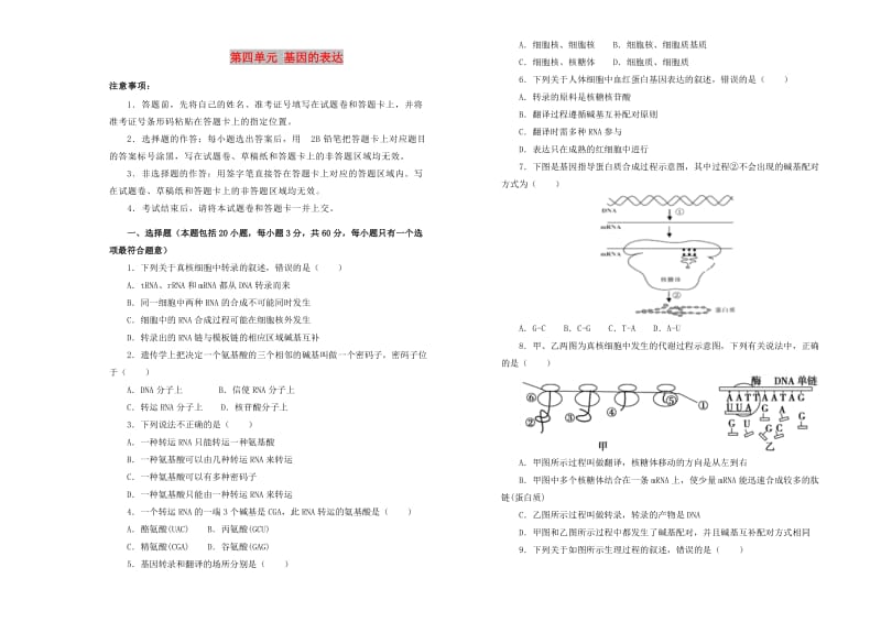 2019高中生物 第四单元 基因的表达单元测试（二）新人教版必修2.doc_第1页