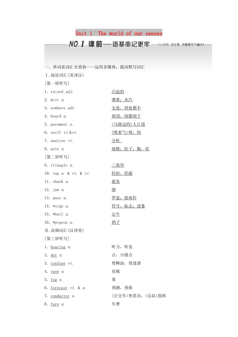 （江苏专用）2020高考英语一轮复习 Unit 1 The world of our senses学案（含解析）牛津译林版必修3.doc_第1页