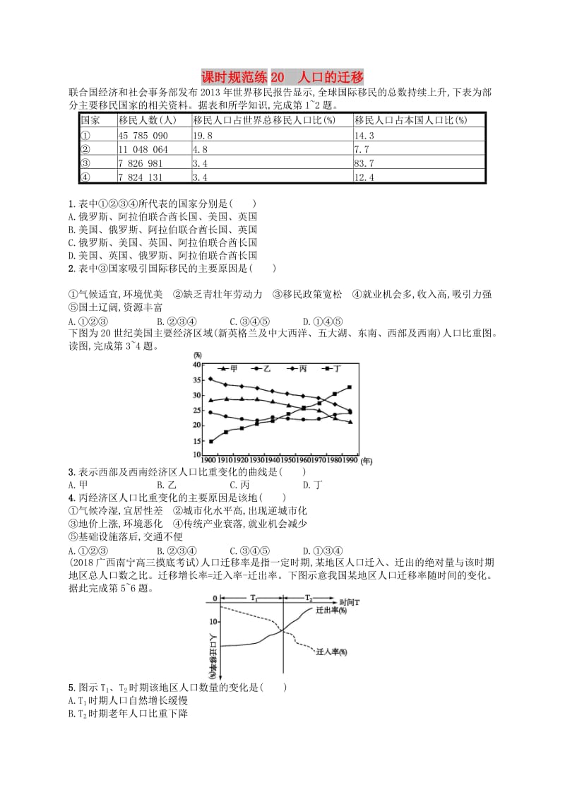 2020版高考地理大一轮复习 第六章 人口的增长、迁移与合理容量 课时规范练20 人口的迁移 中图版.doc_第1页