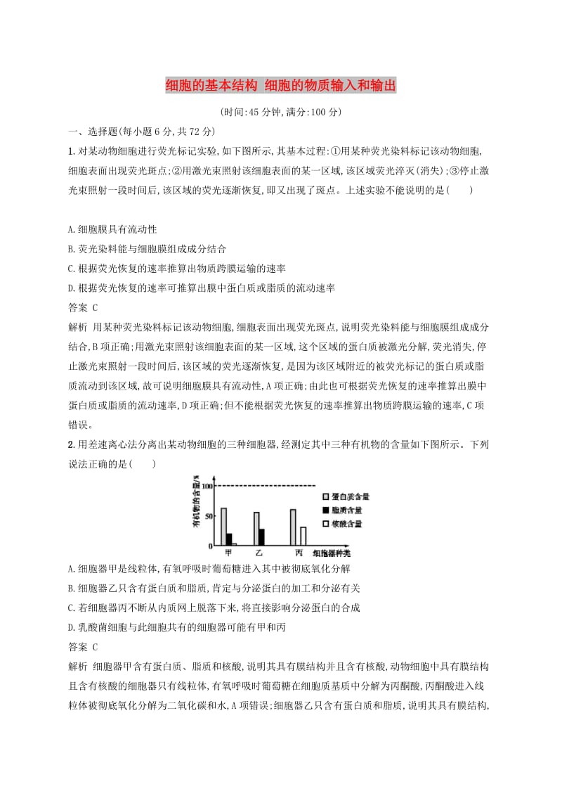 广西2020版高考生物一轮复习 单元质检卷二 细胞的基本结构 细胞的物质输入和输出（含解析）新人教版.docx_第1页