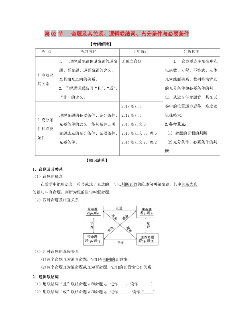 浙江专版2019年高考数学一轮复习专题1.2命题及其关系逻辑联结词充分条件与必要条件讲.doc_第1页