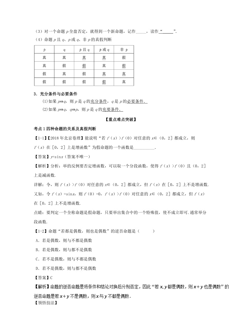 浙江专版2019年高考数学一轮复习专题1.2命题及其关系逻辑联结词充分条件与必要条件讲.doc_第2页