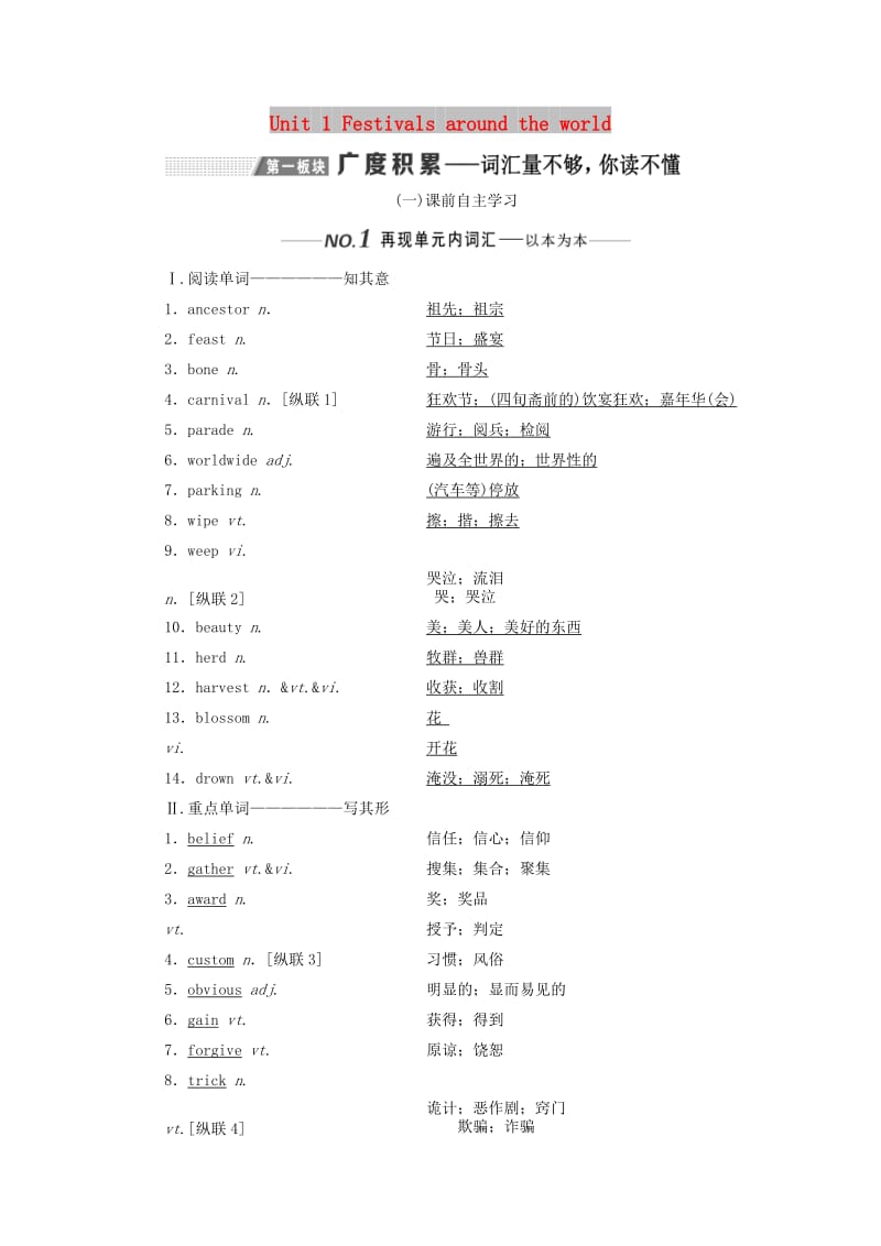 （新课改）2020高考英语一轮复习 Unit 1 Festivals around the world学案（含解析）新人教版必修3.doc_第1页