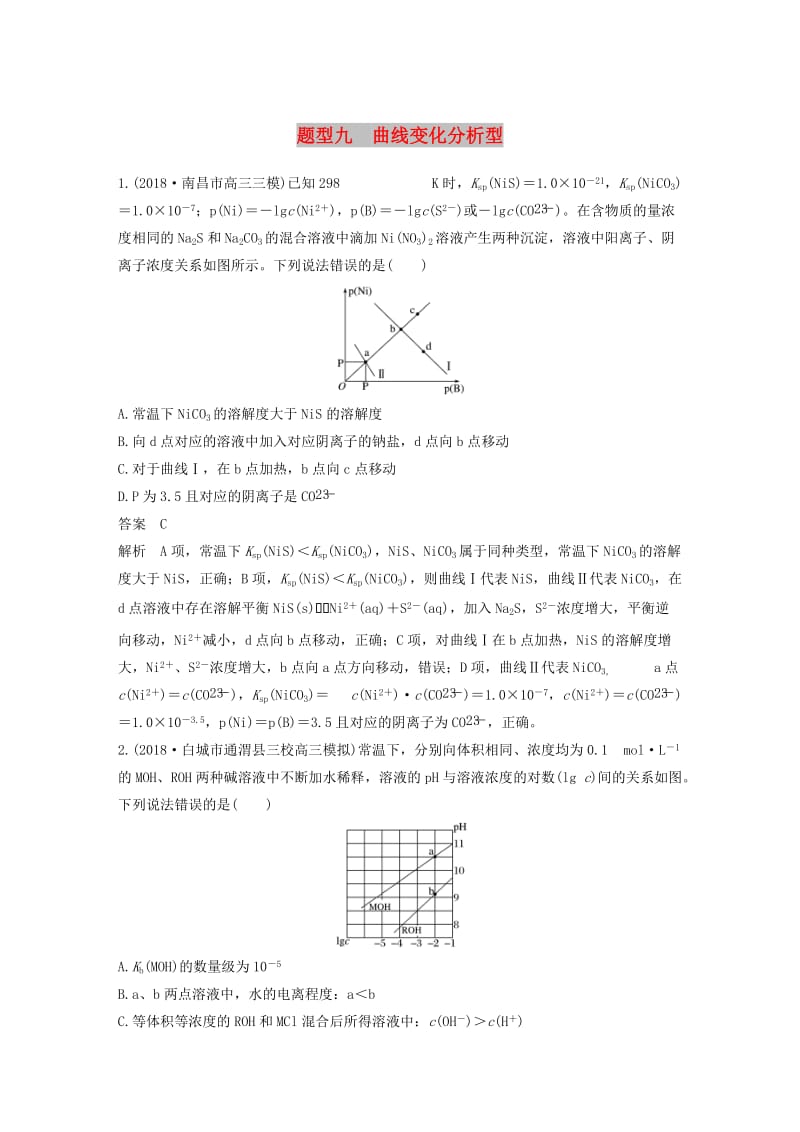 全国通用版2019高考化学总复习优编增分练：选择题热点题型特训题型九曲线变化分析型.doc_第1页