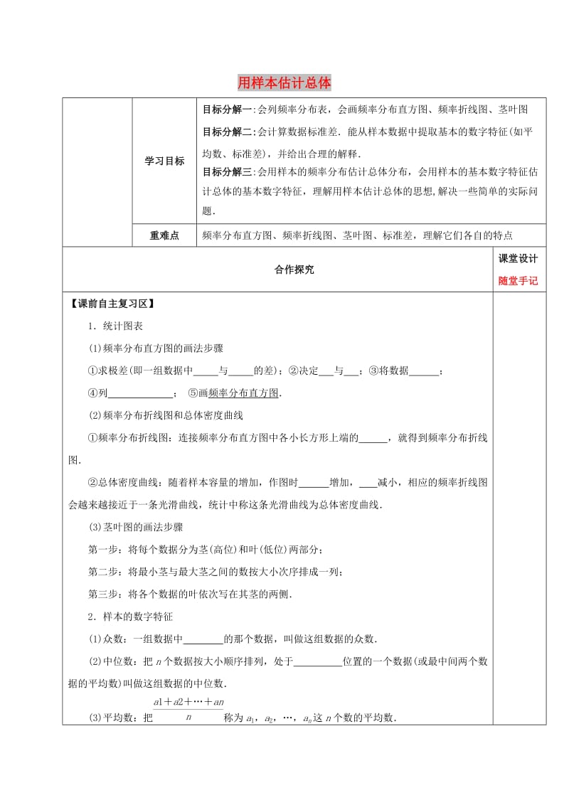 山东省胶州市2018届高考数学一轮复习 专题 用样本估计总体学案文.doc_第1页