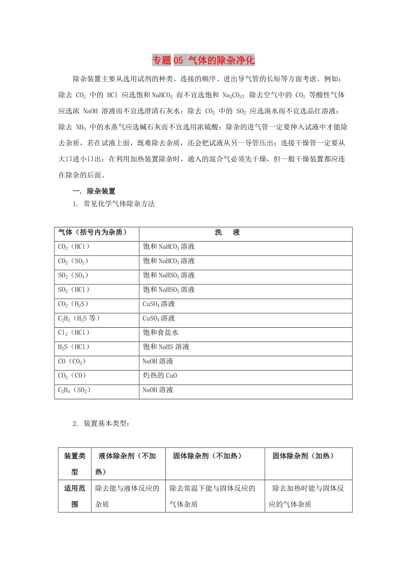 2019年高考化学 实验全突破 专题05 气体的除杂净化教案.doc_第1页