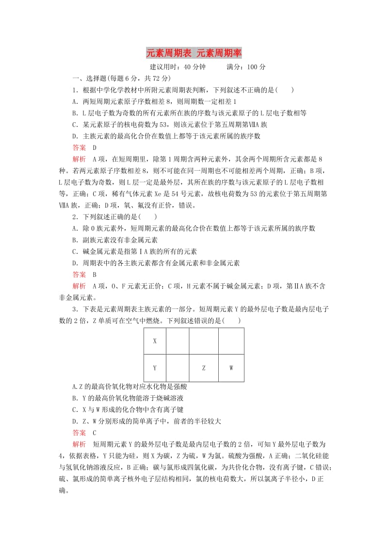 2020年高考化學一輪總復習 第五章 第18講 元素周期表 元素周期率課后作業(yè)（含解析）.doc