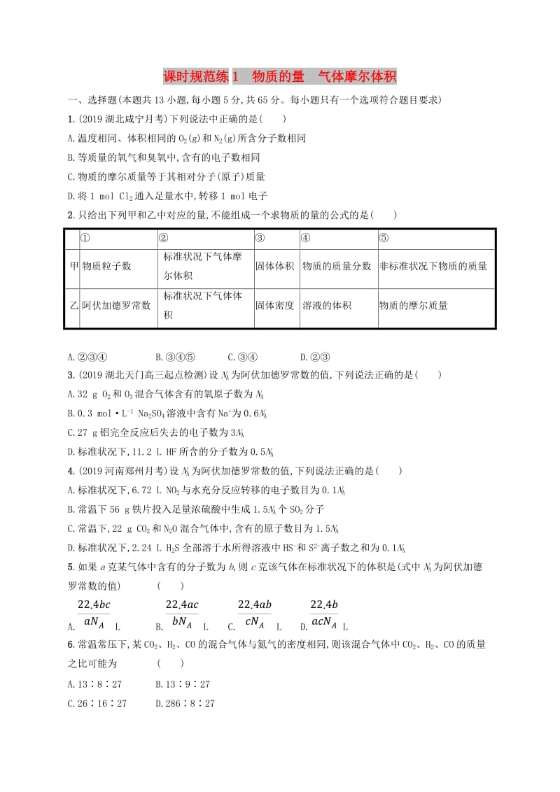 2020版高考化学大一轮复习 课时规范练1 物质的量 气体摩尔体积 新人教版.doc_第1页