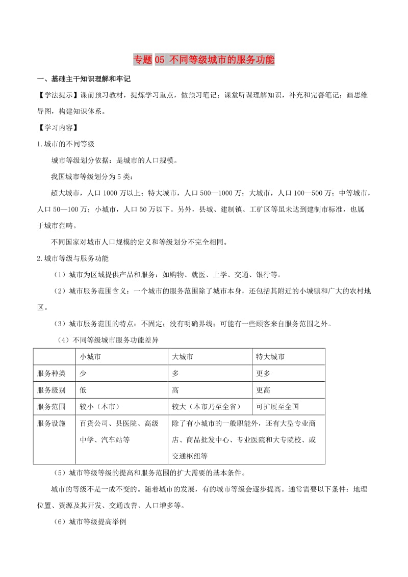 新高考专版2018-2019年高一地理专题05不同等级城市的服务功能同步有效作业必修2 .doc_第1页