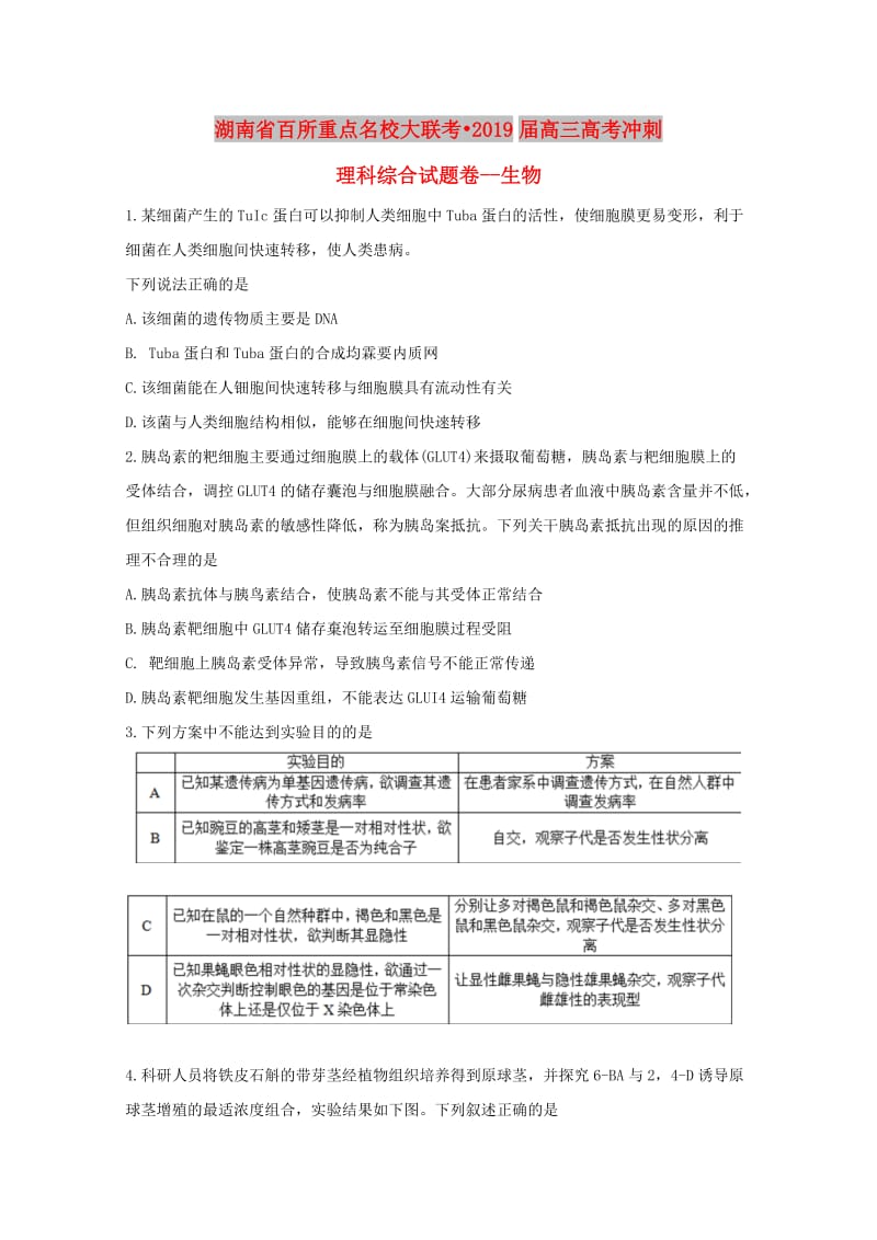 湖南省百所重点名校大联考2019届高考生物冲刺试题.doc_第1页