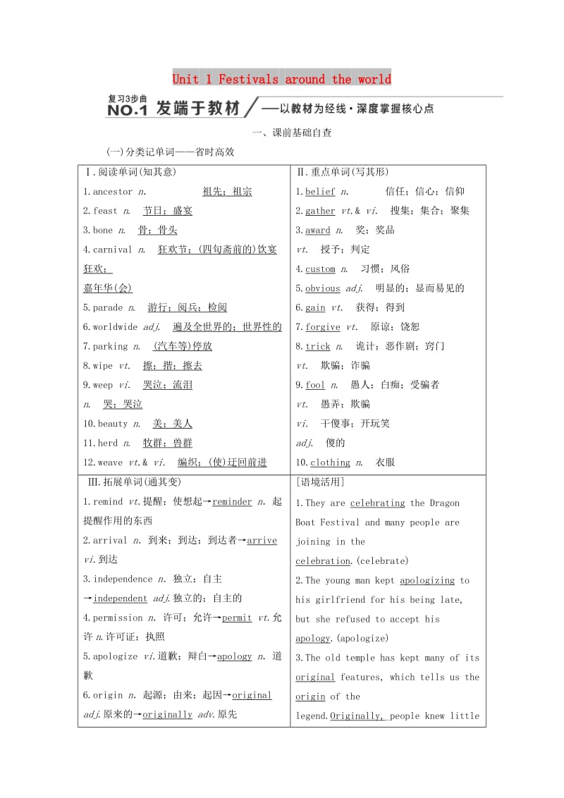 （新课改省份专用）2020高考英语大一轮复习 Unit 1 Festivals around the world教案（含解析）新人教版必修3.doc_第1页