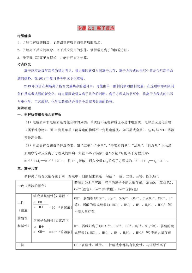 2019年高考化学 中等生百日捷进提升系列 专题2.3 离子反应基础练测.doc_第1页