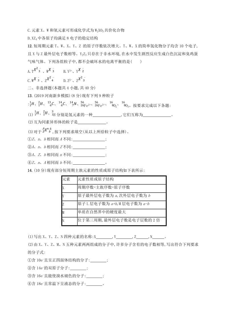 2020版高考化学复习 课时规范练14 原子结构与微粒之间的相互作用力 苏教版.doc_第3页