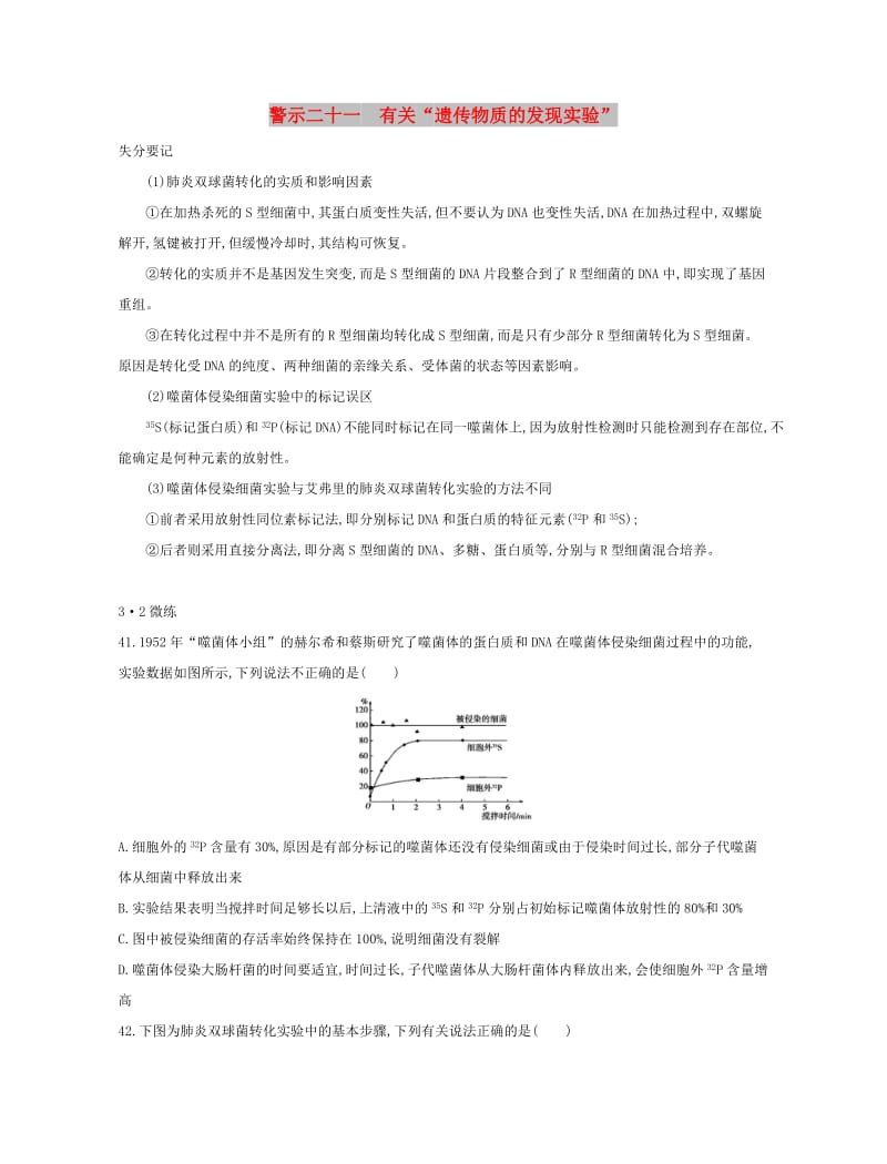 （北京专用）2019版高考生物一轮复习 第二篇 失分警示100练 专题二十一 有关“遗传物质的发现实验”.doc_第1页