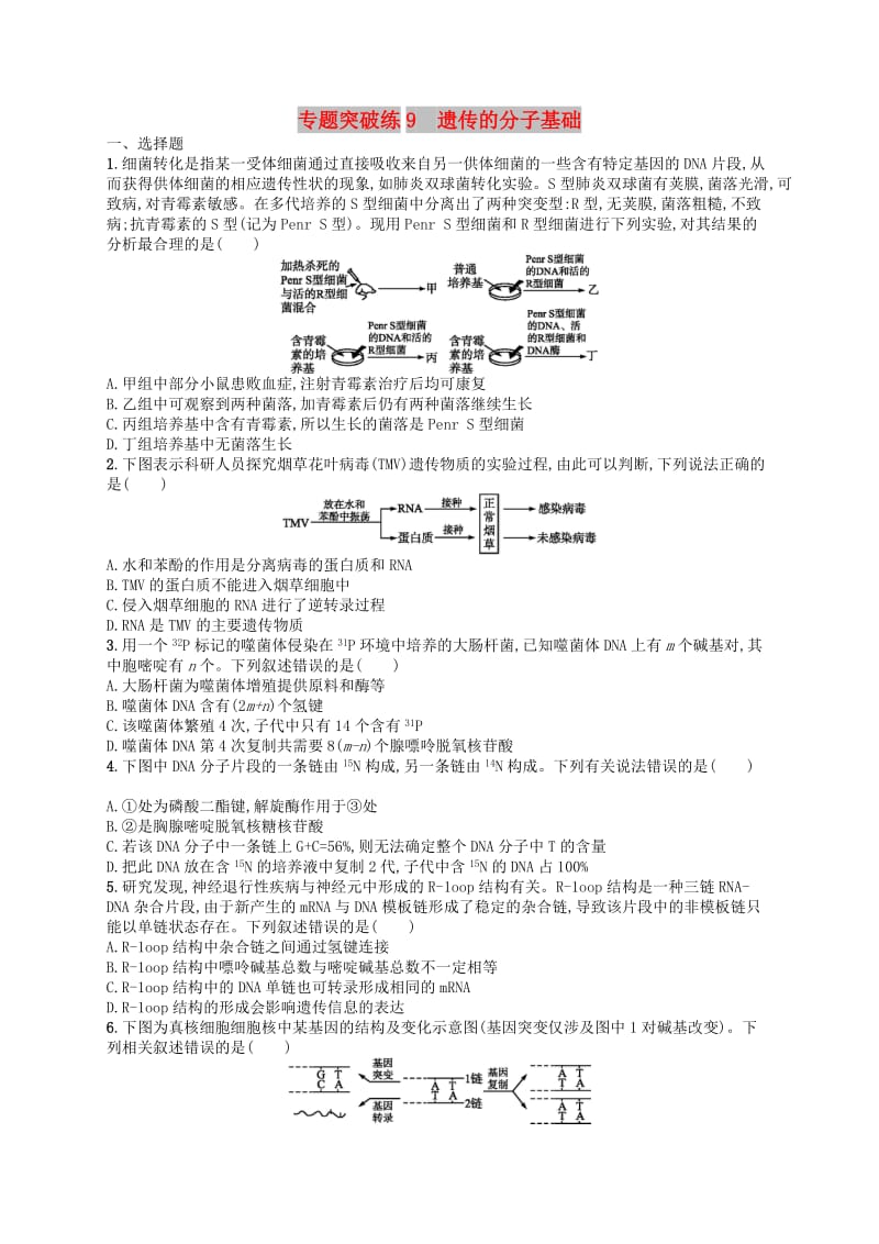 新课标广西2019高考生物二轮复习专题四遗传学专题突破练9遗传的分子基础.doc_第1页