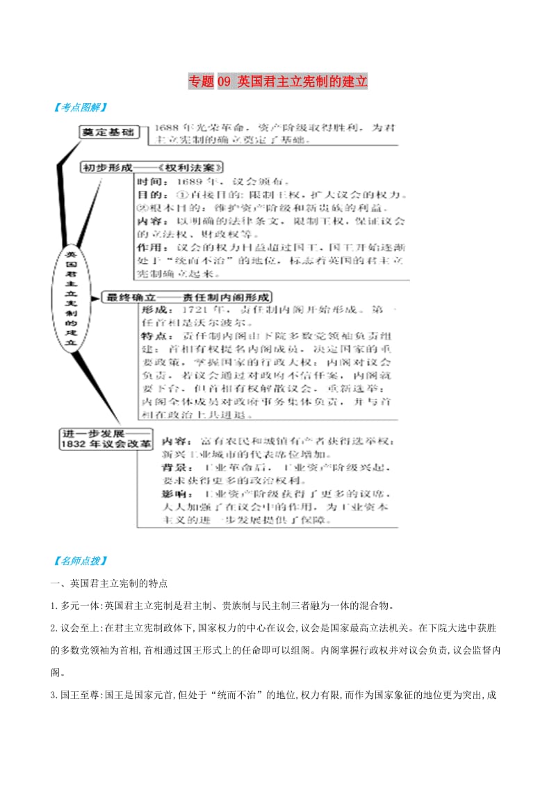 2019年高考历史 政治史考点精练 专题09 英国君主立宪制的建立.doc_第1页