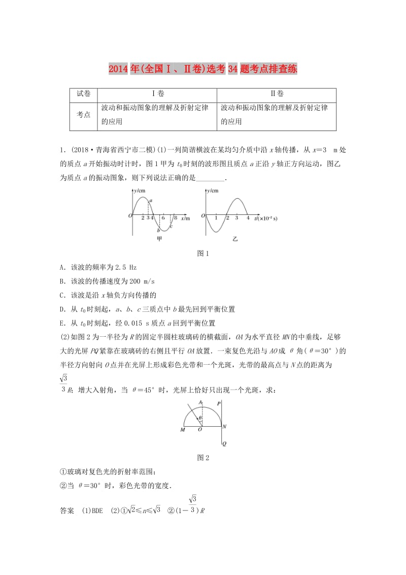 全国通用版2019高考物理总复习优编增分练：鸭题考点排查练22014年全国ⅠⅡ卷鸭34题考点排查练.doc_第1页