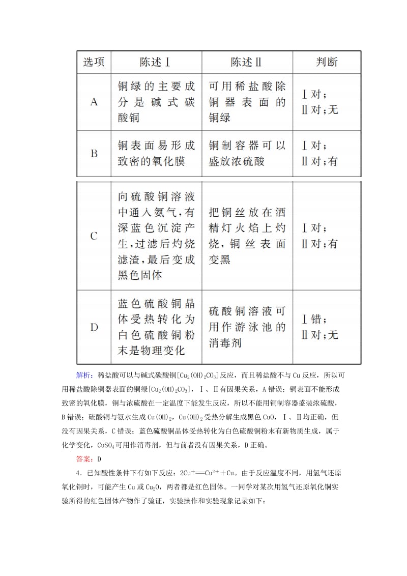 2019高考化学总复习 第三章 金属及其化合物 3-4-1 考点一 铜及其化合物基础小题快练 新人教版.doc_第2页