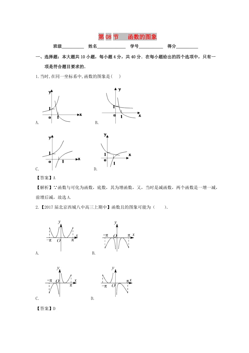 （浙江专版）2019年高考数学一轮复习 专题2.8 函数的图象（测）.doc_第1页