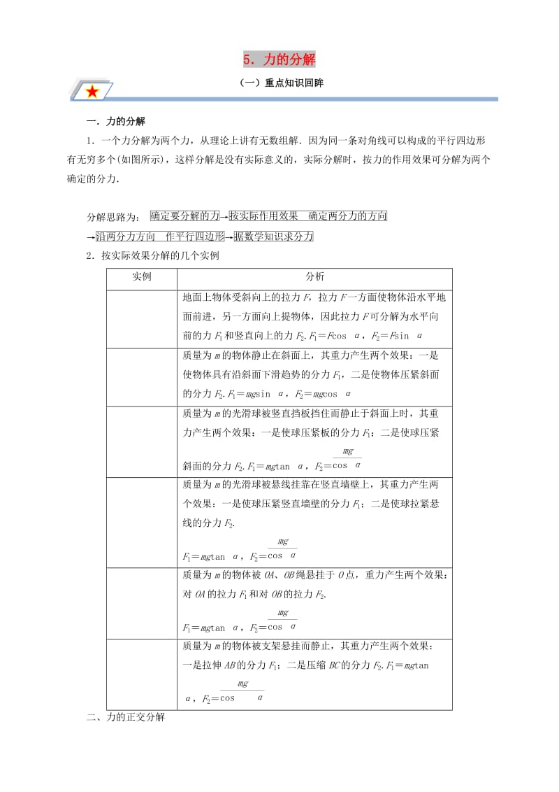 高中物理 第三章 相互作用 专题3.5 力的分解重点回眸学案 新人教版必修1.doc_第1页