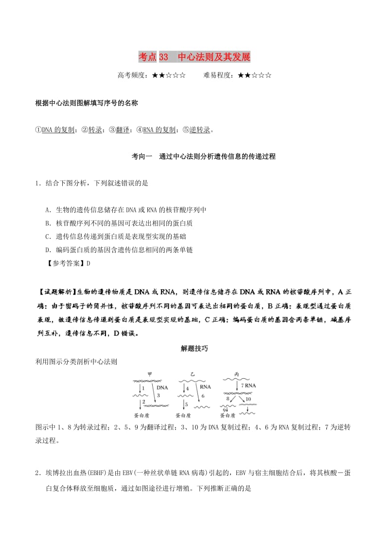 2019年高考生物 考点一遍过 考点33 中心法则及其发展（含解析）.doc_第1页