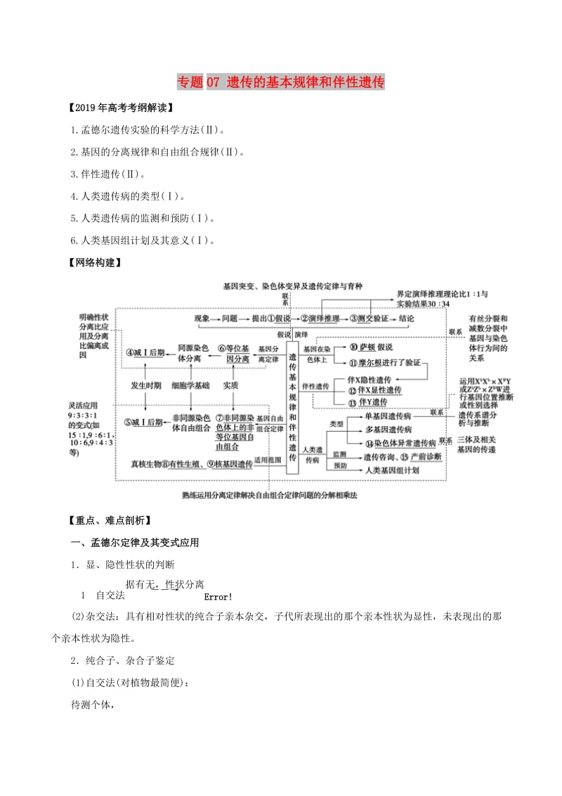 2019年高考生物 考纲解读与热点难点突破 专题07 遗传的基本规律和伴性遗传教学案.doc_第1页