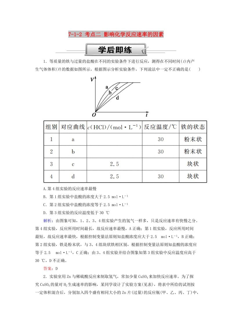 2019高考化学总复习 第七章 化学反应速率和化学平衡 7-1-2 考点二 影响化学反应速率的因素学后即练 新人教版.doc_第1页