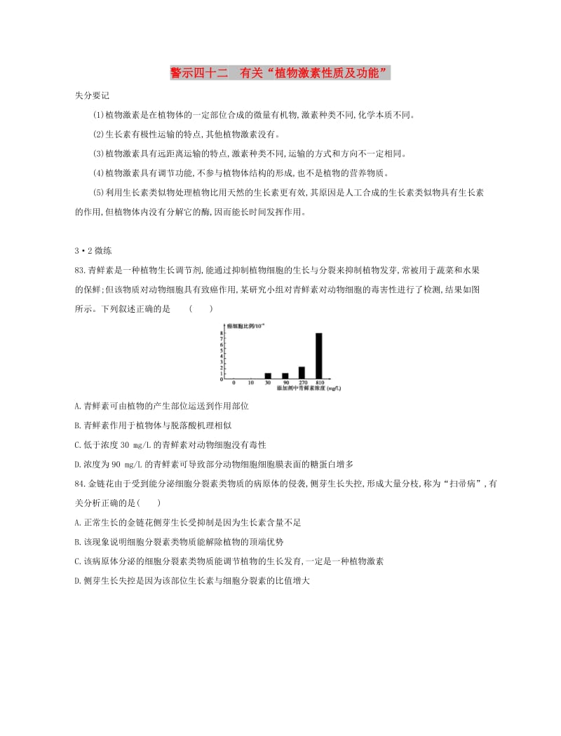 （北京专用）2019版高考生物一轮复习 第二篇 失分警示100练 专题四十二 有关“植物激素性质及功能”.doc_第1页