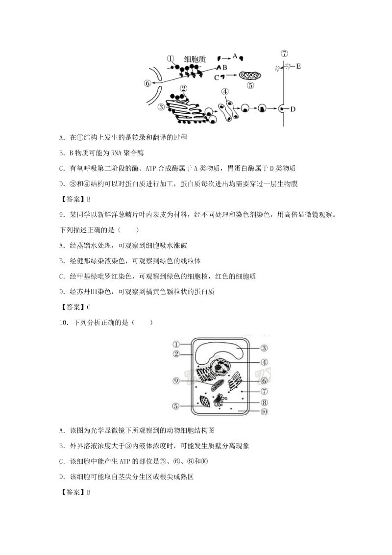 2019年高考生物一轮复习 知识点同步练习卷 细胞器与生物膜系统 新人教版.doc_第3页