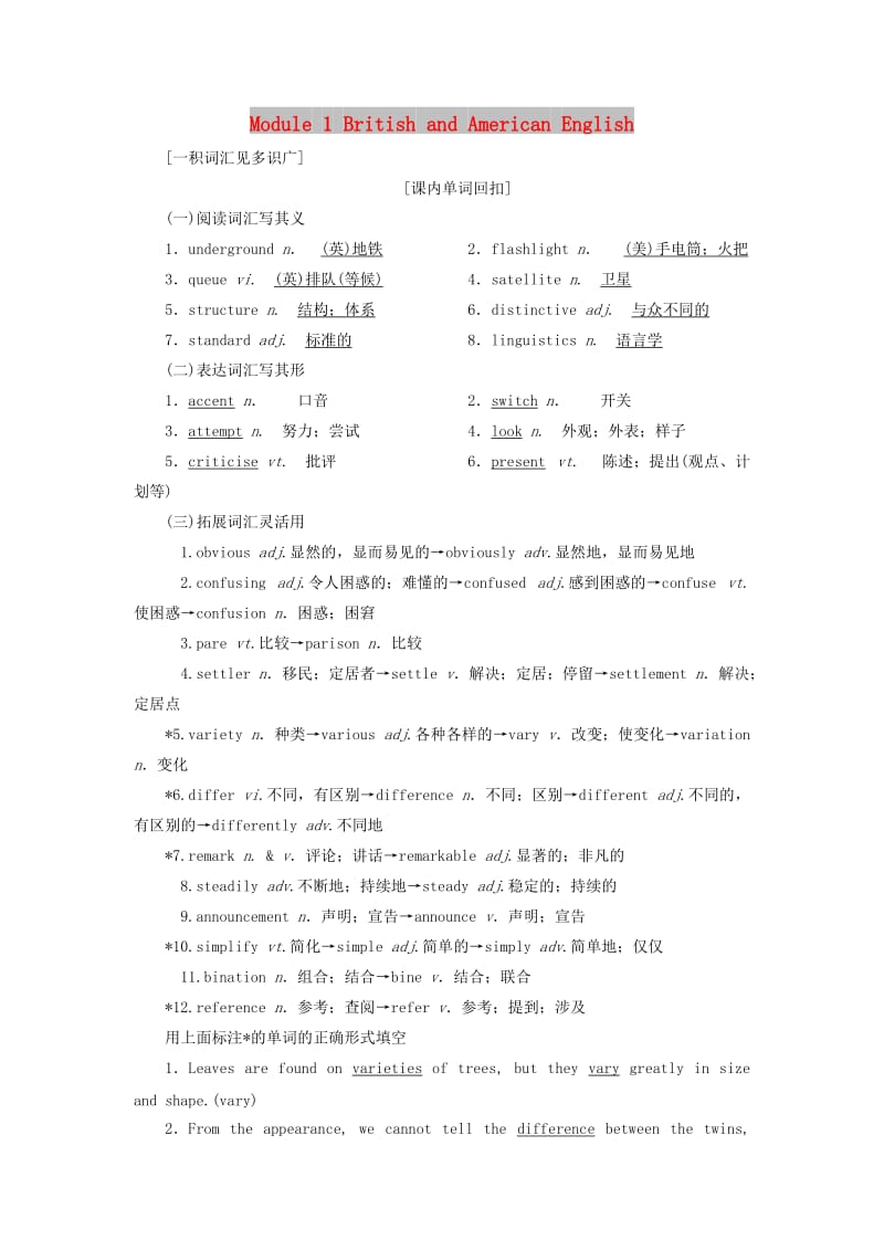 2019版高考英语一轮复习 Module 1 British and American English讲义 外研版必修5.doc_第1页