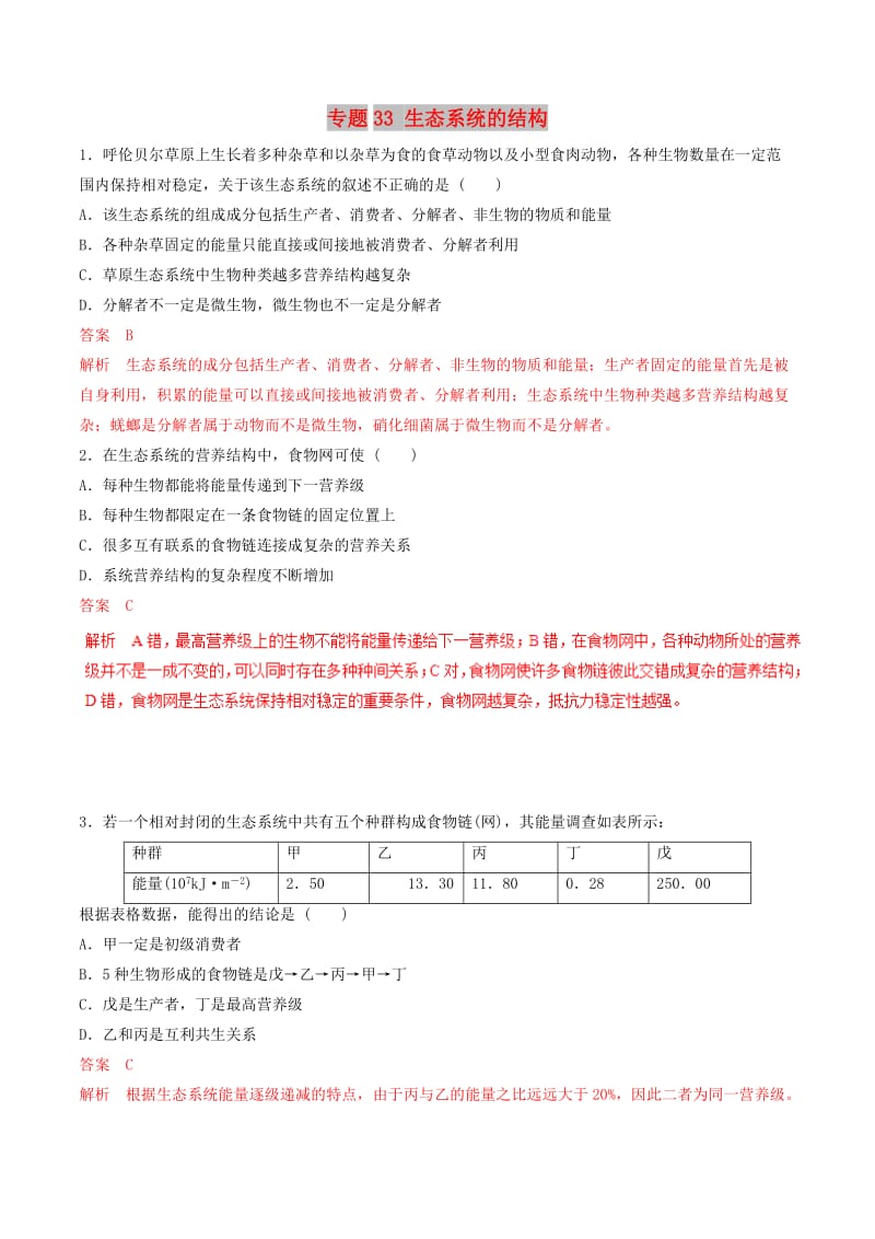 2019年高考生物热点题型和提分秘籍 专题33 生态系统的结构题型专练.doc_第1页