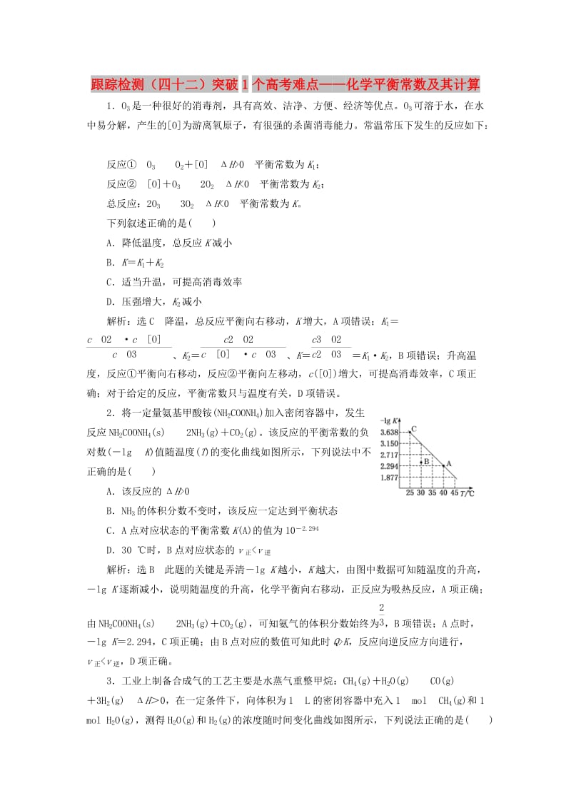 （通用版）2020高考化学一轮复习 跟踪检测（四十二）突破1个高考难点 化学平衡常数及其计算（含解析）.doc_第1页