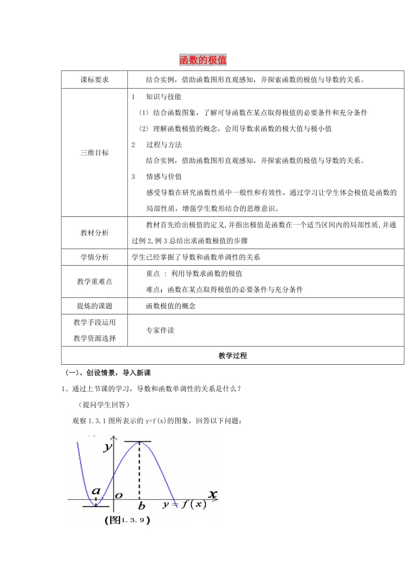 陕西省石泉县高中数学 第三章 导数应用 3.1.2 函数的极值教案 北师大版选修2-2.doc_第1页