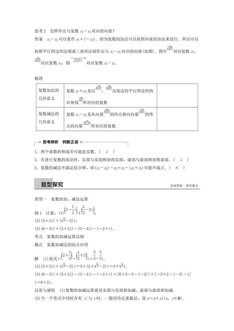 2018-2019学年高中数学 第三章 数系的扩充与复数的引入 3.2.1复数代数形式的加减运算及其几何意义同步学案 新人教A版选修1 -2.docx_第2页