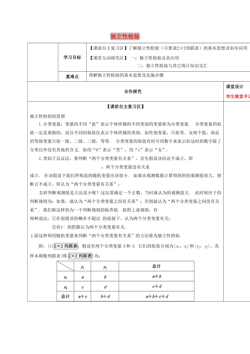 山东省胶州市2018届高考数学一轮复习 专题 独立性检验学案文.doc_第1页