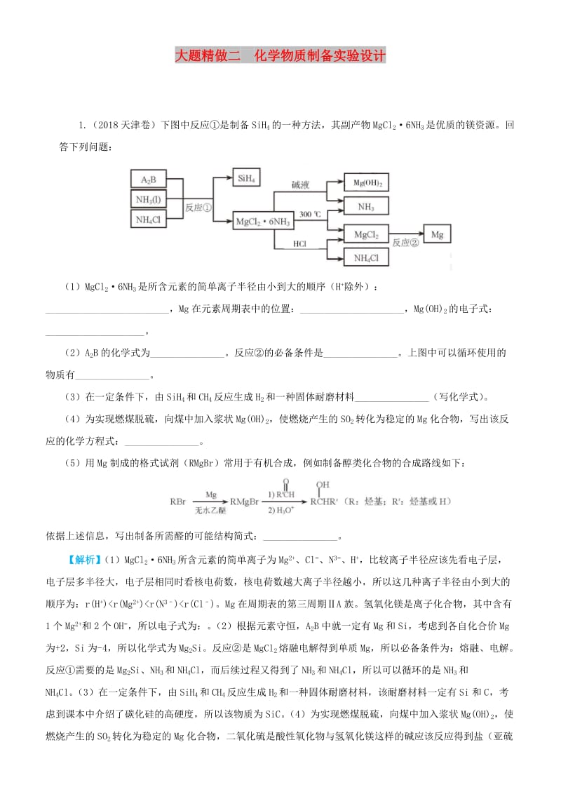 2019高考化学三轮冲刺 大题提分 大题精做2 化学物质制备实验设计.docx_第1页